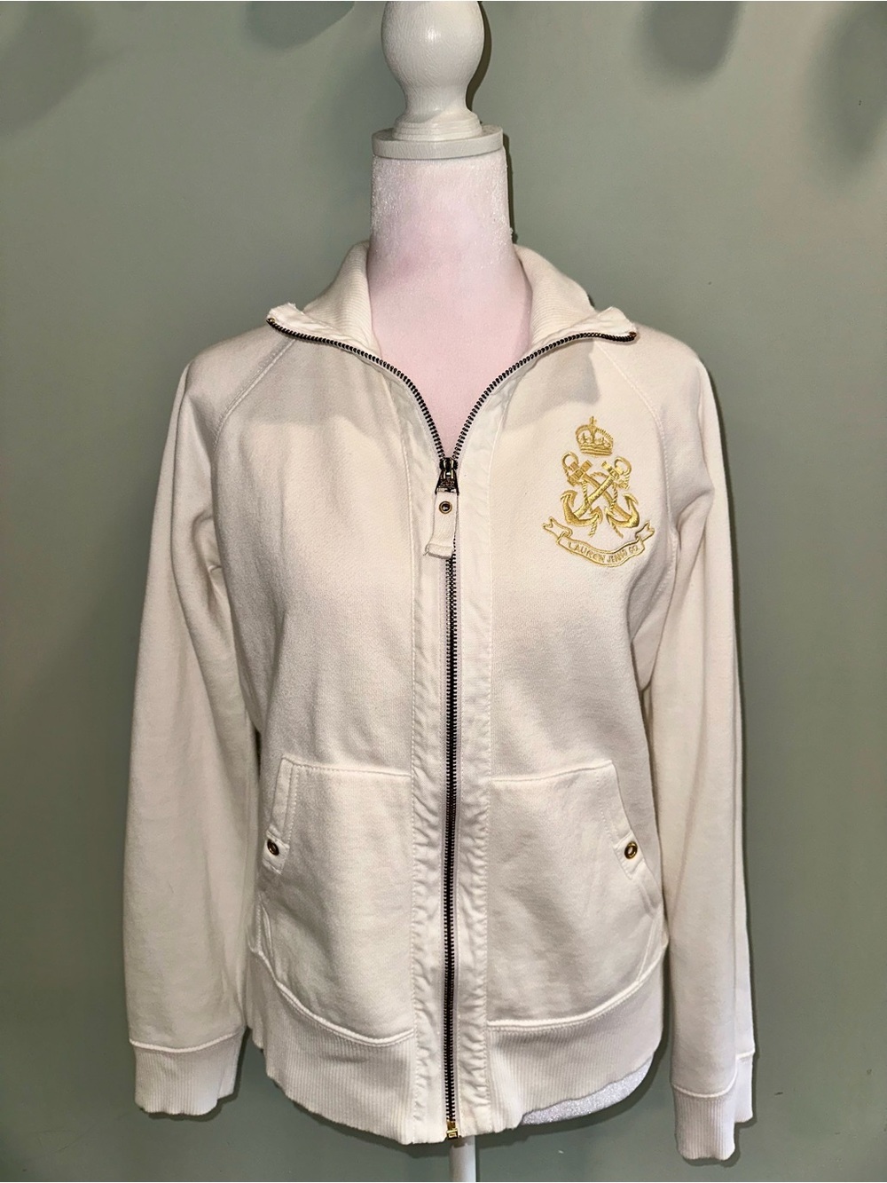 Ralph Lauren Cream Full-Zip Embroidered Crest Jacket